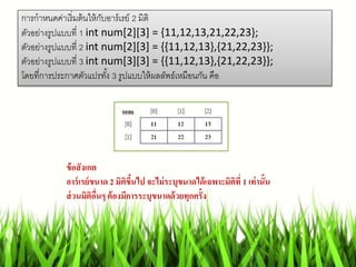 การกาหนดค่าเริ่มต้นให้กับอาร์เรย์ 2 มิติ
ตัวอย่างรูปแบบที่ 1 int num[2][3] = {11,12,13,21,22,23};
ตัวอย่างรูปแบบที่ 2 int num[2][3] = {{11,12,13},{21,22,23}};
ตัวอย่างรูปแบบที่ 3 int num[3][3] = {{11,12,13},{21,22,23}};
โดยที่การประกาศตัวแปรทั้ง 3 รูปแบบให้ผลลัพธ์เหมือนกัน คือ
ข้อสังเกต
อาร์เรย์ขนาด 2 มิติขึ้นไป จะไม่ระบุขนาดได้เฉพาะมิติที่ 1 เท่านั้น
ส่วนมิติอื่นๆ ต้องมีการระบุขนาดด้วยทุกครั้ง
 