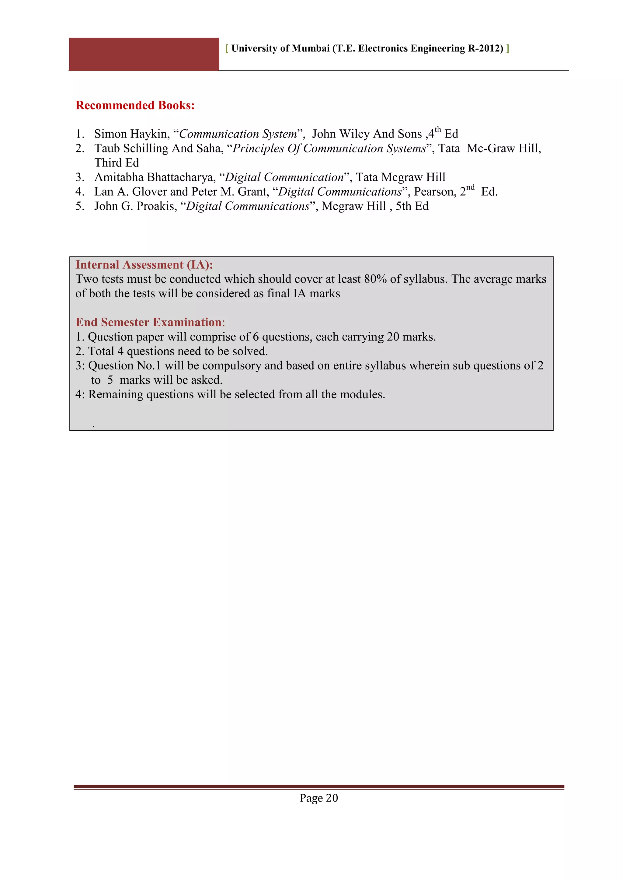 [ University of Mumbai (T.E. Electronics Engineering R-2012) ]
Page 20
Recommended Books:
1. Simon Haykin, “Communication System”, John Wiley And Sons ,4th
Ed
2. Taub Schilling And Saha, “Principles Of Communication Systems”, Tata Mc-Graw Hill,
Third Ed
3. Amitabha Bhattacharya, “Digital Communication”, Tata Mcgraw Hill
4. Lan A. Glover and Peter M. Grant, “Digital Communications”, Pearson, 2nd
Ed.
5. John G. Proakis, “Digital Communications”, Mcgraw Hill , 5th Ed
Internal Assessment (IA):
Two tests must be conducted which should cover at least 80% of syllabus. The average marks
of both the tests will be considered as final IA marks
End Semester Examination:
1. Question paper will comprise of 6 questions, each carrying 20 marks.
2. Total 4 questions need to be solved.
3: Question No.1 will be compulsory and based on entire syllabus wherein sub questions of 2
to 5 marks will be asked.
4: Remaining questions will be selected from all the modules.
.
 
