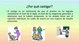 ¿Por qué castigar?
• El castigo es un testimonio de que el alumno no ha logrado
mantenerse al nivel de la regla, al nivel de las exigencias generales y
abstractas que le habían propuesto, se ha dejado llevar por el
capricho individual, ha caído de nuevo en una especie de estadio
preescolar.
 