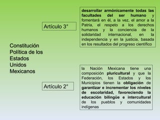 Artículo 3°
Artículo 2°
Constitución
Política de los
Estados
Unidos
Mexicanos
la Nación Mexicana tiene una
composición pluricultural y que la
Federación, los Estados y los
Municipios tienen la obligación de
garantizar e incrementar los niveles
de escolaridad, favoreciendo la
educación bilingüe e intercultural
de los pueblos y comunidades
indígenas
desarrollar armónicamente todas las
facultades del ser humano y
fomentará en él, a la vez, el amor a la
Patria, el respeto a los derechos
humanos y la conciencia de la
solidaridad internacional, en la
independencia y en la justicia, basada
en los resultados del progreso científico
 