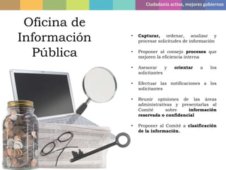 Ciudadanía activa, mejores gobiernos
Oficina de
Información
Pública
• Capturar, ordenar, analizar y
procesar solicitudes de información
• Proponer al consejo procesos que
mejoren la eficiencia interna
• Asesorar y orientar a los
solicitantes
• Efectuar las notificaciones a los
solicitantes
• Reunir opiniones de las áreas
administrativas y presentarlas al
Comité sobre información
reservada o confidencial
• Proponer al Comité a clasificación
de la información.
 
