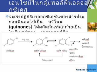 Fruit and vegetable
เอนไซม์ในกลุ่มพอลีฟีนอลออ
กซิเดส
จะเร่งปฏิกิริยาออกซิเดชันของสารประ
กอบฟีนอลไปเป็น ควิโนน
(quinones) ได้ผลิตภัณฑ์สุดท้ายเป็น
โพลิเมอร์ของ เมลานอยด์ดิน
(melanoidins) ซึ่งมีสีนำ้าตาล
 