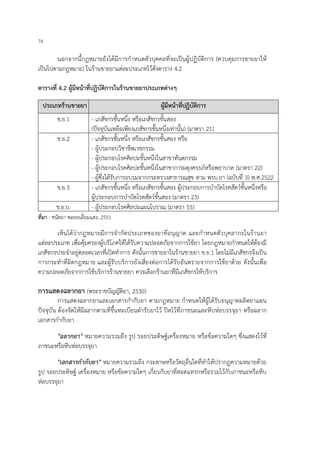 74
นอกจากนี้กฎหมายยังได้มีการกาหนดตัวบุคคลที่จะเป็นผู้ปฏิบัติการ (ควบคุมการขายยาให้
เป็นไปตามกฎหมาย) ในร้านขายยาแต่ละประเภทไว้ดังตาราง 4.2
ตารางที่ 4.2 ผู้มีหน้าที่ปฏิบัติการในร้านขายยาประเภทต่างๆ
ประเภทร้านขายยา ผู้มีหน้าที่ปฏิบัติการ
ข.ย.1 - เภสัชกรชั้นหนึ่ง หรือเภสัชกรชั้นสอง
(ปัจจุบันเหลือเพียงเภสัชกรชั้นหนึ่งเท่านั้น) (มาตรา 21)
ข.ย.2 - เภสัชกรชั้นหนึ่ง หรือเภสัชกรชั้นสอง หรือ
- ผู้ประกอบวิชาชีพเวชกรรม
- ผู้ประกอบโรคศิลปะชั้นหนึ่งในสาขาทันตกรรม
- ผู้ประกอบโรคศิลปะชั้นหนึ่งในสาขาการผดุงครรภ์หรือพยาบาล (มาตรา 22)
- ผู้ซึ่งได้รับการอบรมจากกระทรวงสาธารณสุข ตาม พรบ.ยา (ฉบับที่ 3) พ.ศ.2522
ข.ย.3 - เภสัชกรชั้นหนึ่ง หรือเภสัชกรชั้นสอง ผู้ประกอบการบาบัดโรคสัตว์ชั้นหนึ่งหรือ
ผู้ประกอบการบาบัดโรคสัตว์ชั้นสอง (มาตรา 23)
ข.ย.บ. - ผู้ประกอบโรคศิลปะแผนโบราณ (มาตรา 55)
ที่มา : ชนัตถา พลอยเลื่อมแสง, 2551
เห็นได้ว่ากฎหมายมีการจากัดประเภทของยาที่อนุญาต และกาหนดตัวบุคลากรในร้านยา
แต่ละประเภท เพื่อคุ้มครองผู้บริโภคให้ได้รับความปลอดภัยจากการใช้ยา โดยกฎหมายกาหนดให้ต้องมี
เภสัชกรประจาอยู่ตลอดเวลาที่เปิดทาการ ดังนั้นการขายยาในร้านขายยา ข.ย.1 โดยไม่มีเภสัชกรจึงเป็น
การกระทาที่ผิดกฎหมาย และผู้รับบริการยังเสี่ยงต่อการได้รับอันตรายจากการใช้ยาด้วย ดังนั้นเพื่อ
ความปลอดภัยจากการใช้บริการร้านขายยา ควรเลือกร้านยาที่มีเภสัชกรให้บริการ
การแสดงฉลากยา (พระราชบัญญัติยา, 2530)
การแสดงฉลากยาและเอกสารกากับยา ตามกฎหมาย กาหนดให้ผู้ได้รับอนุญาตผลิตยาแผน
ปัจจุบัน ต้องจัดให้มีฉลากตามที่ขึ้นทะเบียนตารับยาไว้ ปิดไว้ที่ภาชนะและหีบห่อบรรจุยา หรือฉลาก
เอกสารกากับยา
"ฉลากยา" หมายความรวมถึง รูป รอยประดิษฐ์เครื่องหมาย หรือข้อความใดๆ ซึ่งแสดงไว้ที่
ภาชนะหรือหีบห่อบรรจุยา
"เอกสารกากับยา" หมายความรวมถึง กระดาษหรือวัตถุอื่นใดที่ทาให้ปรากฏความหมายด้วย
รูป รอยประดิษฐ์ เครื่องหมาย หรือข้อความใดๆ เกี่ยวกับยาที่สอดแทรกหรือรวมไว้กับภาชนะหรือหีบ
ห่อบรรจุยา
 
