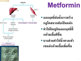 ออกฤทธิ์ยับยั้งการสร้าง
กลูโคสจากตับเป็ นหลัก
ทาให้อินซูลินออกฤทธิ์ที่
กล้ามเนื้อดีขึ้น
บางส่วนทาให้น้าตาลเข้า
เซลล์กล้ามเนื้อเพิ่มขึ้น
19
 