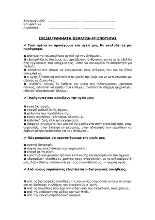 Σιγοτραγουδώ ……………………………….. …………………………………..
Κρυφακούω ……………………………….. ……………………………………
Απρόσιτος ………………………………. …………………………………..
ΣΧΕΔΙΑΓΡΑΜΜΑΤΑ ΘΕΜΑΤΩΝ 4ης ΕΝΟΤΗΤΑΣ
 Γιατί πρέπει να προσέχουμε την υγεία μας; Να αναλυθεί σε μία
παράγραφο.
 αποτελεί το πολυτιμότερο αγαθό για τον άνθρωπο..
 εξασφαλίζει τις δυνάμεις που χρειάζεται ο άνθρωπος για να αντεπεξέλθει
στις εργασιακές του υποχρεώσεις, ώστε να αποκομίσει τα απαραίτητα για
τη ζωή..
 επιτρέπει στο άτομο να εκπληρώσει τους στόχους του και να ζήσει
ευτυχισμένο..
 ο υγιής δύναται να απολαύσει τις χαρές της ζωής και να αντιμετωπίσει με
σθένος τις δυσκολίες..
 αντίθετα, όποιος δε διαθέτει την υγεία του ταλαιπωρείται, υφίσταται
πόνους, αδυνατεί να πράξει ό,τι επιθυμεί, αναπτύσσει άσχημη ψυχολογία,
πιθανόν εξαρτάται απ’ άλλους..
 Παράγοντες που κλονίζουν την υγεία μας:
 κακή διατροφή..
 γοργοί ρυθμοί ζωής, άγχος..
 μόλυνση του περιβάλλοντος..
 κακές συνήθειες (κάπνισμα, αλκοόλ..)..
 καθιστική ζωή, έλλειψη εκγύμνασης..
 διάφορα ατυχήματα που μπορεί να οφείλονται στην επιπολαιότητα, στην
απροσεξία, στην έλλειψη ενημέρωσης, στην αδιαφορία των αρμόδιων να
λάβουν μέτρα προστασίας για τον άνθρωπο..
 Πώς μπορούμε να προστατέψουμε την υγεία μας;
 υγιεινή διατροφή..
 συχνή σωματική άσκηση και γυμναστική..
 επαφή με τη φύση..
 εύρεση δημιουργικών τρόπων εκτόνωσης και περιορισμού του άγχους..
 εξασφάλιση ελεύθερου χρόνου προς ενασχόληση με τα ενδιαφέροντά
μας, διασκέδαση, επικοινωνία με τους συνανθρώπους… ψυχική υγεία..
 Από ποιους παράγοντες εξαρτώνται οι διατροφικές συνήθειες;
 από τις διατροφικές συνήθειες της κοινωνίας στην οποία ανήκει το άτομο
και τις ιδιαίτερες συνθήκες που επικρατούν σ’ αυτή..
 από τις συνήθειες που έχει αποκτήσει από την οικογένεια, τους φίλους..
 από την επίδραση της μόδας και των ΜΜΕ..
 από την εθνική παραδοσιακή κουζίνα..
 