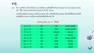 ธาตุ
ธาตุ คือ รากศัพท์ ของกิริยาศัพท์ และนามศัพท์ (นามศัพท์ที่สาเร็จมาจากธาตุ) เช่น คม ธาตุในความไป,
เดิน ก็คือ คม ธาตุ แปลว่า/มีความหมายว่า ไป, เดิน นั่นเอง
ธาตุ เมื่อลงปัจจัย (อาขยาต) ลงวิภัตติ (อาขยาต) แล้ว สาเร็จเป็นกิริยาอาขยาต จึงนาไปใช้ในประโยคได้
ธาตุจัดเป็น 8 หมวด ตามที่ประกอบด้วยปัจจัยตัวเดียวกัน คือ
หมวด ภู ธาตุ ลง อ * ปัจจัย
ภู + อ + ติ เป็น ภวติ ย่อมมี, ย่อมเป็น
หู + อ + ติ เป็น โหติ ย่อมมี, ย่อมเป็น
สิ + อ + ติ เป็น เสติ,สยติ ย่อมนอน
มร + อ + ติ เป็น มรติ ย่อมตาย
ปจ + อ + ติ เป็น ปจติ ย่อมหุง, ย่อมต้ม
อิกฺข + อ + ติ เป็น อิกฺขติ ย่อมเห็น
ลภ + อ + ติ เป็น ลภติ ย่อมได้
คมุ + อ + ติ เป็น คจฺฉติ ย่อมไป
 