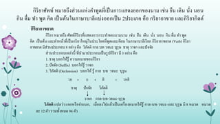 กิริยาศัพท์ หมายถึงส่วนแห่งคาพูดที่เป็นการแสดงออกของนาม เช่น ยืน เดิน นั่ง นอน
กิน ดื่ม ทา พูด คิด เป็นต้นในภาษาบาลีแบ่งออกเป็น 2ประเภค คือ กริยาอาขาย และกิริยากิตต์
กิริยาอาขยาต
กิริยา หมายถึง ศัพท์กิริยาที่แสดงการกระทาของนามนาม เช่น ยืน เดิน นั่ง นอน กิน ดื่ม ทา พูด
คิด เป็นต้น และทาหน้าที่เป็นกริยาใหญ่ในประโยคที่พูดและเขียน ในภาษาบาลีเรียก กิริยาอาขยาต (Verb) กิริยา
อาขยาต มีส่วนประกอบ 8 อย่าง คือ วิภัตติ กาล บท วจนะ บุรุษ ธาตุ วาจก และปัจจัย
ส่วนประกอบเหล่านี้ ที่นามาประกอบเป็นรูปกิริยา มี 3 อย่าง คือ
1. ธาตุ บอกให้รู้ ความหมายของกิริยา
2. ปัจจัย (Suffix) บอกให้รู้ วาจก
3. วิภัตติ (Declension) บอกให้ รู้ กาล บท วจนะ บุรุษ
วทฺ + อ + ติ = วทติ
ธาตุ ปัจจัย วิภัตติ
วาจก กาล-บท-วจนะ-บุรุษ
วิภัตติ แปลว่า แจกหรือจาแนก. เมื่อลงไปแล้วเป็นเครื่องหมายให้รู้ กาล-บท-วจนะ-และ บุรุษ มี 8 หมวด หมวด
ละ 12 ตัว รวมทั้งหมด 96 ตัว
 