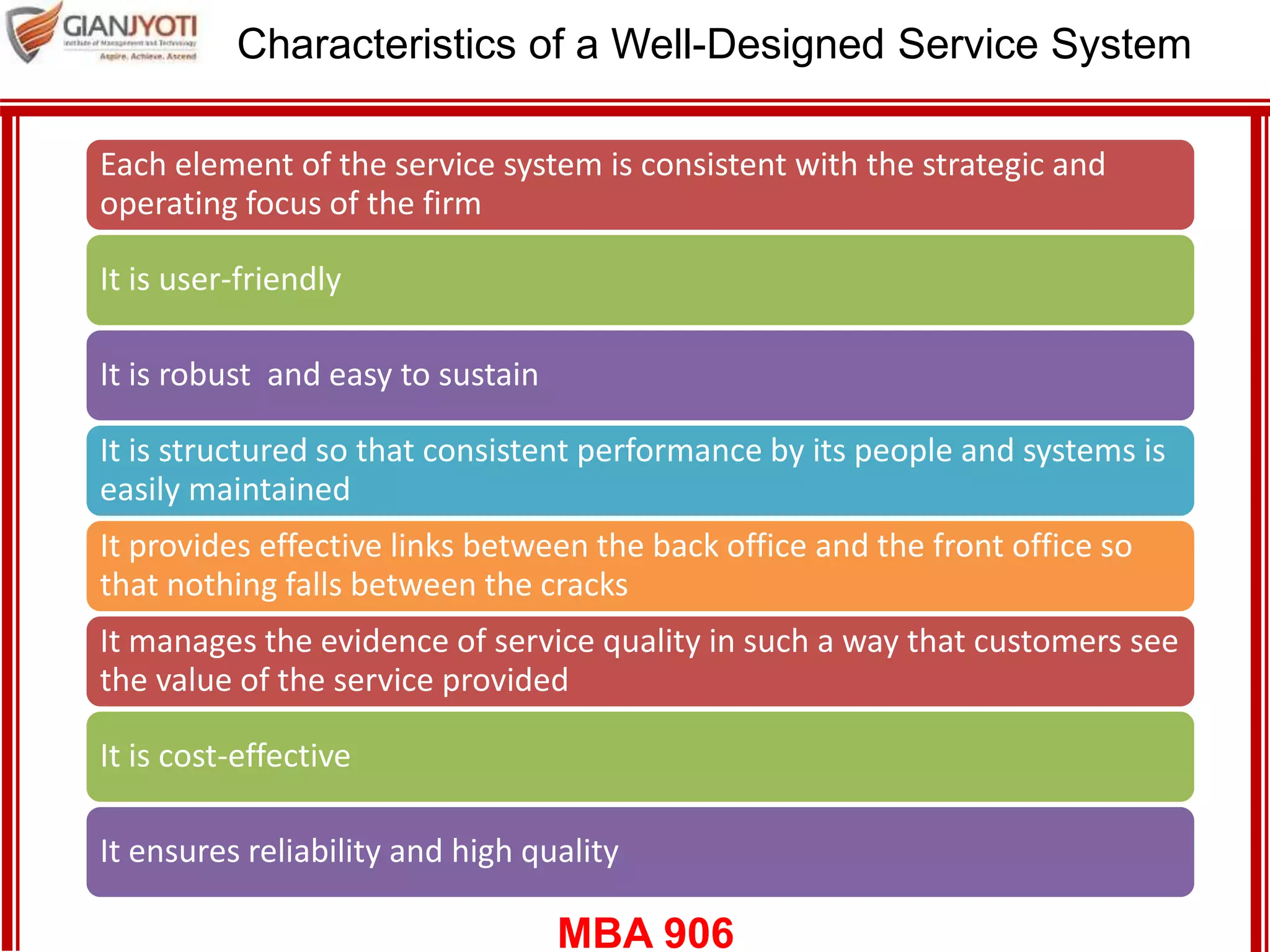 MBA 906
Characteristics of a Well-Designed Service System
Each element of the service system is consistent with the strategic and
operating focus of the firm
It is user-friendly
It is robust and easy to sustain
It is structured so that consistent performance by its people and systems is
easily maintained
It provides effective links between the back office and the front office so
that nothing falls between the cracks
It manages the evidence of service quality in such a way that customers see
the value of the service provided
It is cost-effective
It ensures reliability and high quality
 
