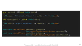 "Повседневный С++: boost и STL", Михаил Матросов, C++ Russia 2016 57
auto reportLost = [](const Cookie& cookie)
{
std::cout << "We've lost a friend: " << cookie << "." << std::endl;
};
auto reportAppeared = [](const Cookie& cookie)
{
std::cout << "We got a new friend: " << cookie << "." << std::endl;
};
boost::range::set_difference(oldCookies, newCookies,
boost::make_function_output_iterator(reportLost));
boost::range::set_difference(newCookies, oldCookies,
boost::make_function_output_iterator(reportAppeared));
 