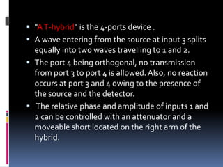  "AT-hybrid" is the 4-ports device .
 A wave entering from the source at input 3 splits
equally into two waves travelling to 1 and 2.
 The port 4 being orthogonal, no transmission
from port 3 to port 4 is allowed. Also, no reaction
occurs at port 3 and 4 owing to the presence of
the source and the detector.
 The relative phase and amplitude of inputs 1 and
2 can be controlled with an attenuator and a
moveable short located on the right arm of the
hybrid.
 