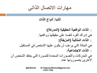 ‫الذاتي‬ ‫االتصال‬ ‫مهارات‬
‫ثانيا‬:‫الذات‬ ‫أنواع‬
‫الحقيقية‬ ‫الواقعية‬ ‫الذات‬(‫المدركة‬:)
‫وواقعها‬ ‫حقيقتها‬ ‫على‬ ‫لنفسه‬ ‫الفرد‬ ‫إدراك‬ ‫هي‬.
‫المثالية‬ ‫الذات‬(‫المزيفة‬:)
‫المستقبل‬ ‫في‬ ‫الشخص‬ ‫عليها‬ ‫يكون‬ ‫أن‬ ‫يرغب‬ ‫التي‬ ‫الحالة‬ ‫هي‬.
‫االجتماعية‬ ‫الذات‬:
‫الشخص‬ ‫يعتقد‬ ‫التي‬ ‫للصورة‬ ‫المحددة‬ ‫والتصورات‬ ‫المدركات‬ ‫هي‬‫أن‬
‫عنه‬ ‫يتصورونها‬ ‫اآلخرين‬.
@DrRehaili Dr.TaghreedAlrehaili@gmail.com
1436-1437‫هـ‬
 