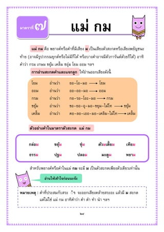 ๒๔
แม่ กม คือ พยางค์หรือคาที่มีเสียง ม เป็นเสียงตัวสะกดหรือเสียงพยัญชนะ
ท้าย (อาจมีรูปวรรณยุกต์หรือไม่มีก็ได้ หรือบางคาอาจมีตัวการันต์ด้วยก็ได้) อาทิ
คาว่า กรม เกษม ขยุ้ม เคลิ้ม ชอุ่ม โยม ออม ฯลฯ
การอ่านสะกดคาและแจกลูก ให้อ่านออกเสียงดังนี้
โยม อ่านว่า ยอ–โอ–มอ โยม
ออม อ่านว่า ออ–ออ–มอ ออม
กรม อ่านว่า กอ–รอ–โอะ–มอ กรม
ขยุ้ม อ่านว่า ขอ–ยอ–อุ–มอ–ขยุม–ไม้โท ขยุ้ม
เคลิ้ม อ่านว่า คอ–ลอ–เออ–มอ–เคลิม-ไม้โท เคลิ้ม
ตัวอย่างคาในมาตราตัวสะกด แม่ กม
สาหรับพยางค์หรือคาในแม่ กม จะมี ม เป็นตัวสะกดเพียงตัวเดียวเท่านั้น
หมายเหตุ : คาที่ประสมกับสระ ำา จะออกเสียงคล้ายสระอะ แล้วมี ม สะกด
แต่ไม่ใช่ แม่ กม อาทิคาว่า คา ตา ทา นา ฯลฯ
๗มาตราที่ แม่ กม
กล่อม ขยุ้ม ซุ่ม ต้วมเตี้ยม เทียม
ธรรม ปฐม ปลอม มะตูม หยาม
อ่านให้เข้าใจก่อนนะจ๊ะ
 