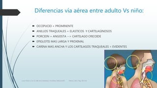 Diferencias vía aérea entre adulto Vs niño:
 OCCIPUCIO + PROMINENTE
 ANILLOS TRAQUEALES + ELASTICOS Y CARTILAGINOSOS
 PORCION + ANGOSTA --> CARTILAGO CRICOIDE
 EPIGLOTIS MAS LARGA Y PROXIMAL
 CARINA MAS ANCHA Y LOS CARTILAGOS TRAQUEALES < EVIDENTES
Luna, Pastor y Col. EL ABC de la Anestesia. Vía Aérea. Editorial Alfil. México. 2011. Pág. 183-214.
 