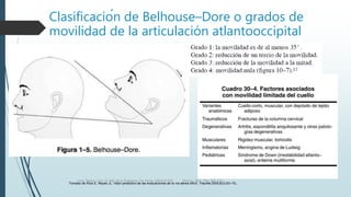 Clasificación de Belhouse–Dore o grados de
movilidad de la articulación atlantooccipital
Luna, Pastor y Col. EL ABC de la Anestesia. Vía Aérea. Editorial Alfil. México. 2011. Pág. 183-214.
Tomado de Ríos E, Reyes JL: Valor predictivo de las evaluaciones de la vía aérea difícil. Trauma 2005;8(3):63–70.
 