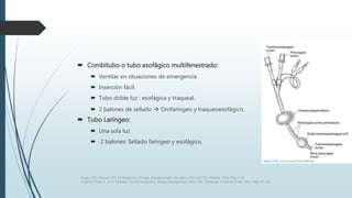  Combitubo o tubo esofágico multifenestrado:
 Ventilar en situaciones de emergencia
 Inserción fácil.
 Tubo doble luz : esofágica y traqueal.
 2 balones de sellado  Orofaríngeo y traqueoesofágico.
 Tubo Laríngeo:
 Una sola luz
 2 balones: Sellado faríngeo y esofágico.
Grupo CTO. Manual CTO de Medicina y Cirugía. Anestesiología. Vía aérea. Editorial CTO. Madrid. 2014. Pág. 7-16.
Vacanti, Chales A. et al. Essential Clinical Anesthesia. Airway Management. New York. Cambrige University Press. 2011. Pag. 95-120.
 