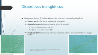 Dispositivos transglóticos.
 Guías semirrígidas  facilitar el paso del tubo endotraqueal por la glotis.
 Fiador o Mandril: Dar forma para facilitar intubación.
 Guía de Eschmann: Guía semirrígida de 60 cm de longitud
 Punta con ligera curvatura anterior.
 Indicado en Cormack- Lehane II-III.
 Introductor de Frova: Similar a anterior pero con luz interior con fiador metálico  Mayor
rigidez.
Grupo CTO. Manual CTO de Medicina y Cirugía. Anestesiología. Vía aérea.
Editorial CTO. Madrid. 2014. Pág. 7-16.
 