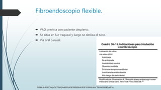 Fibroendoscopio flexible.
 VAD prevista con paciente despierto.
 Se sitúa en luz traqueal y luego se desliza el tubo.
 Vía oral o nasal.
Grupo CTO. Manual CTO de Medicina y Cirugía. Anestesiología. Vía aérea. Editorial CTO. Madrid. 2014. Pág. 7-16.
Tomado de Ríos E, Reyes JL: Valor predictivo de las evaluaciones de la vía aérea difícil. Trauma 2005;8(3):63–70.
 