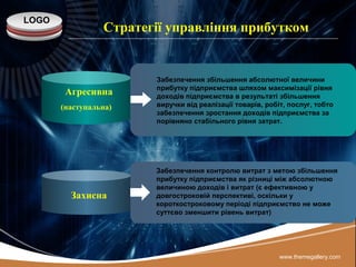 LOGO
www.themegallery.com
Стратегії управління прибутком
Агресивна
(наступальна)
Забезпечення збільшення абсолютної величини
прибутку підприємства шляхом максимізації рівня
доходів підприємства в результаті збільшення
виручки від реалізації товарів, робіт, послуг, тобто
забезпечення зростання доходів підприємства за
порівняно стабільного рівня затрат.
Захисна
Забезпечення контролю витрат з метою збільшення
прибутку підприємства як різниці між абсолютною
величиною доходів і витрат (є ефективною у
довгостроковій перспективі, оскільки у
короткостроковому періоді підприємство не може
суттєво зменшити рівень витрат)
 