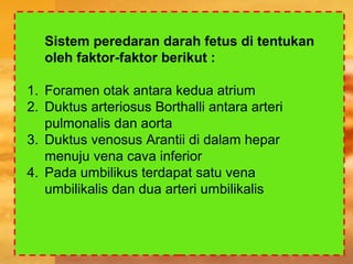 Sistem peredaran darah fetus di tentukan
oleh faktor-faktor berikut :
1. Foramen otak antara kedua atrium
2. Duktus arteriosus Borthalli antara arteri
pulmonalis dan aorta
3. Duktus venosus Arantii di dalam hepar
menuju vena cava inferior
4. Pada umbilikus terdapat satu vena
umbilikalis dan dua arteri umbilikalis
 