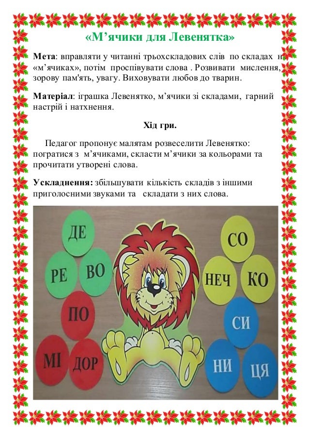 «М’ячики для Левенятка»
Мета: вправляти у читанні трьохскладових слів по складах на
«м’ячиках», потім проспівувати слова ....