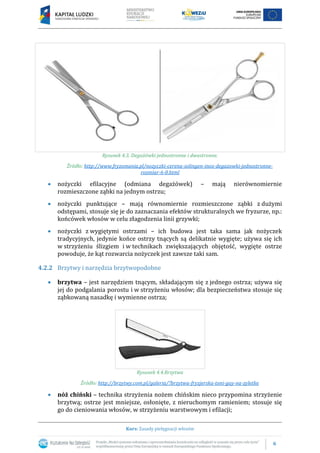 6
Kurs: Zasady pielęgnacji włosów
Rysunek 4.3. Degażówki jednostronne i dwustronne.
Źródło: http://www.fryzomania.pl/nozyczki-cerena-solingen-inox-degazowki-jednostronne-
rozmiar-6-0.html
 nożyczki efilacyjne (odmiana degażówek) – mają nierównomiernie
rozmieszczone ząbki na jednym ostrzu;
 nożyczki punktujące – mają równomiernie rozmieszczone ząbki z dużymi
odstępami, stosuje się je do zaznaczania efektów strukturalnych we fryzurze, np.:
końcówek włosów w celu złagodzenia linii grzywki;
 nożyczki z wygiętymi ostrzami – ich budowa jest taka sama jak nożyczek
tradycyjnych, jedynie końce ostrzy tnących są delikatnie wygięte; używa się ich
w strzyżeniu ślizgiem i w technikach zwiększających objętość, wygięte ostrze
powoduje, że kąt rozwarcia nożyczek jest zawsze taki sam.
4.2.2 Brzytwy i narzędzia brzytwopodobne
 brzytwa – jest narzędziem tnącym, składającym się z jednego ostrza; używa się
jej do podgalania porostu i w strzyżeniu włosów; dla bezpieczeństwa stosuje się
ząbkowaną nasadkę i wymienne ostrza;
Rysunek 4.4.Brzytwa
Źródło: http://brzytwy.com.pl/galeria/?brzytwa-fryzjerska-toni-guy-na-zyletke
 nóż chiński – technika strzyżenia nożem chińskim nieco przypomina strzyżenie
brzytwą; ostrze jest mniejsze, osłonięte, z nieruchomym ramieniem; stosuje się
go do cieniowania włosów, w strzyżeniu warstwowym i efilacji;
 