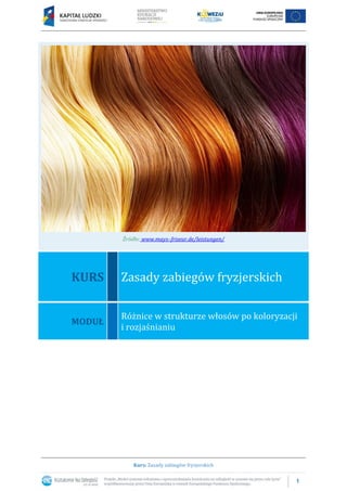 1
Kurs: Zasady zabiegów fryzjerskich
Źródło: www.mays–friseur.de/leistungen/
KURS Zasady zabiegów fryzjerskich
MODUŁ
Różnice w strukturze włosów po koloryzacji
i rozjaśnianiu
 