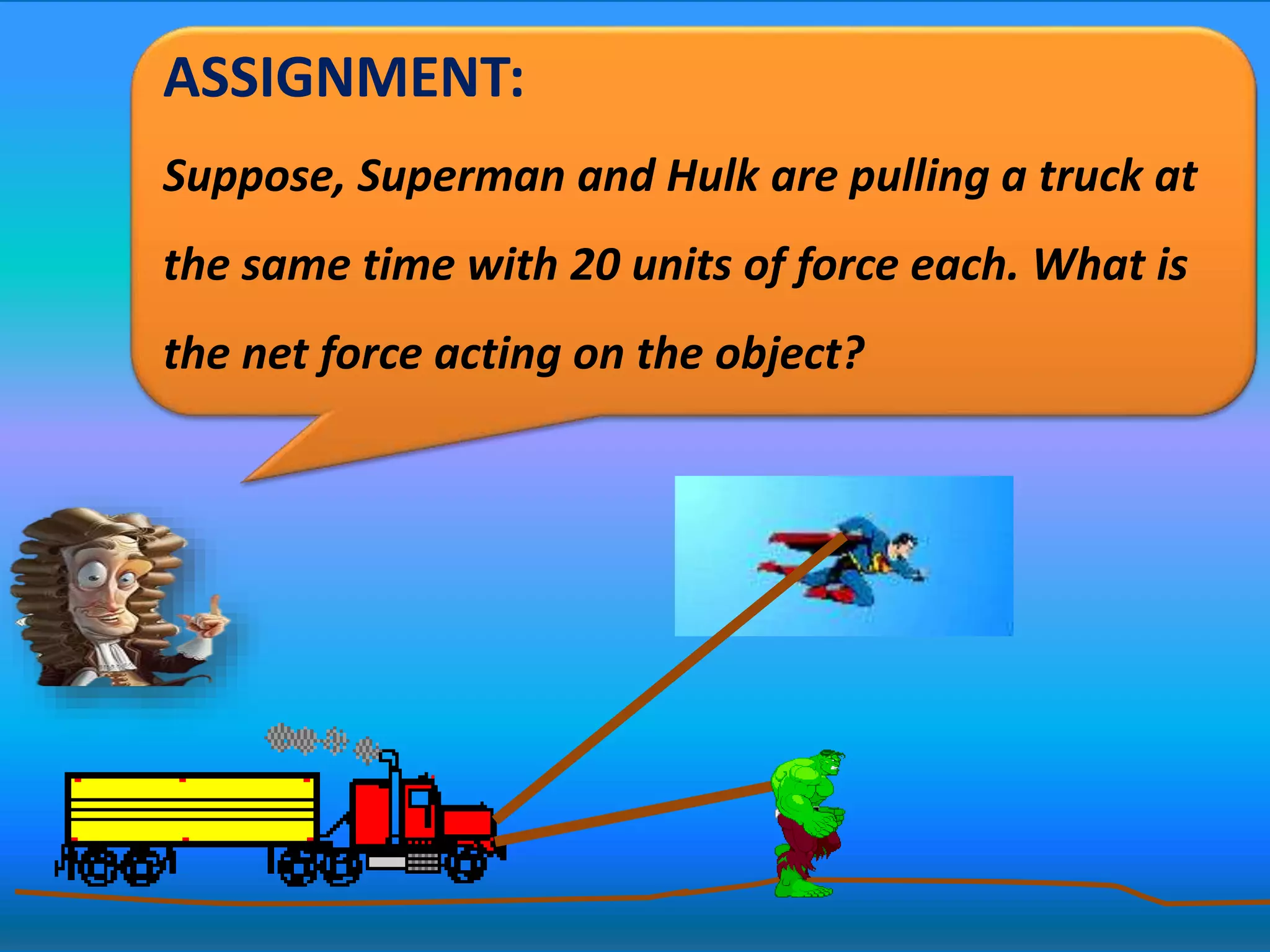 ASSIGNMENT:
Suppose, Superman and Hulk are pulling a truck at
the same time with 20 units of force each. What is
the net force acting on the object?
 