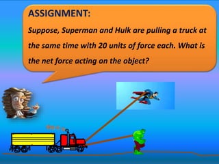 ASSIGNMENT:
Suppose, Superman and Hulk are pulling a truck at
the same time with 20 units of force each. What is
the net force acting on the object?
 