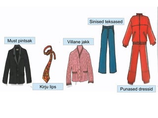 Must pintsak
Kirju lips
Villane jakk
Sinised teksased
Punased dressid
 