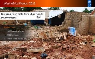 Burkina Faso
• 20,000 people affected
• 3,700 homeless
• 64 tons cereal harvest lost
West Africa Floods, 2015
 