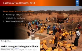 Kenya, Somalia, Ethiopia, Eritrea, Djibouti
• Worst drought in 60 years
• 50-100,000 died from famine
• Mainly children under five
Eastern Africa Drought, 2011
 