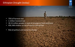 Ethiopian Drought (today)
• 75% of harvests lost
• 1 million livestock lost
• 10-15 million people in need of emergency food assistance
• 430, 000 children at risk of severe malnutrition
• Risk of political and economic disaster
 