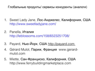 / ( )Глобальные продукты сервисы конкуренты аналоги
1. Sweet Lady Jane, - , ,Лос Анджелес Калифорния США
http://www.sweetladyjane.com/
2. Panella, Италия
http://leblossoms.com/158/6523251708/
3. Payard, - ,Нью Йорк США http://payard.com
4. Gérard Mulot, ,Париж Франция www.gerard-
mulot.com
5. Miette, - , ,Сан Франциско Калифорния США
http://www.ferrybuildingmarketplace.com
 