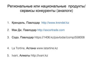 /Региональные или национальные продукты
( )сервисы конкуренты аналоги
1. ,Крендель Павлодар http://www.krendel.kz
2. ,Мак Ди Павлодар http://ascortrade.com
3. ,Сэдо Павлодар https://1406.kz/pavlodar/comp/558008
 
4. La Tortine, Астана www.latartine.kz
5. Ivani, Алматы http://ivani.kz
 