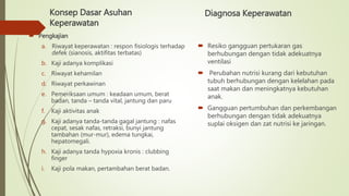 Konsep Dasar Asuhan
Keperawatan
 Pengkajian
a. Riwayat keperawatan : respon fisiologis terhadap
defek (sianosis, aktifitas terbatas)
b. Kaji adanya komplikasi
c. Riwayat kehamilan
d. Riwayat perkawinan
e. Pemeriksaan umum : keadaan umum, berat
badan, tanda – tanda vital, jantung dan paru
f. Kaji aktivitas anak
g. Kaji adanya tanda-tanda gagal jantung : nafas
cepat, sesak nafas, retraksi, bunyi jantung
tambahan (mur-mur), edema tungkai,
hepatomegali.
h. Kaji adanya tanda hypoxia kronis : clubbing
finger
i. Kaji pola makan, pertambahan berat badan.
Diagnosa Keperawatan
 Resiko gangguan pertukaran gas
berhubungan dengan tidak adekuatnya
ventilasi
 Perubahan nutrisi kurang dari kebutuhan
tubuh berhubungan dengan kelelahan pada
saat makan dan meningkatnya kebutuhan
anak.
 Gangguan pertumbuhan dan perkembangan
berhubungan dengan tidak adekuatnya
suplai oksigen dan zat nutrisi ke jaringan.
 