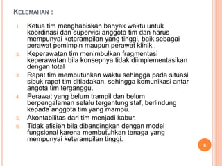 KELEMAHAN :
1. Ketua tim menghabiskan banyak waktu untuk
koordinasi dan supervisi anggota tim dan harus
mempunyai keterampilan yang tinggi, baik sebagai
perawat pemimpin maupun perawat klinik .
2. Keperawatan tim menimbulkan fragmentasi
keperawatan bila konsepnya tidak diimplementasikan
dengan total
3. Rapat tim membutuhkan waktu sehingga pada situasi
sibuk rapat tim ditiadakan, sehingga komunikasi antar
angota tim terganggu.
4. Perawat yang belum trampil dan belum
berpengalaman selalu tergantung staf, berlindung
kepada anggota tim yang mampu.
5. Akontabilitas dari tim menjadi kabur.
6. Tidak efisien bila dibandingkan dengan model
fungsional karena membutuhkan tenaga yang
mempunyai keterampilan tinggi.
6
 