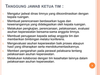 TANGGUNG JAWAB KETUA TIM :
1. Mengatur jadwal dinas timnya yang dikoordinasikan dengan
kepala ruangan.
2. Membuat perencanaan berdasarkan tugas dan
kewenangannya yang didelegasikan oleh kepala ruangan.
3. Melakukan pengkajian, perencanaan, pelaksanaan, evaluasi
asuhan keperawatan bersama-sama anggota timnya.
4. Membuat penugasan kepada setiap anggota tim dan
memberikan bimbingan melalui konferens.
5. Mengevaluasi asuhan keperawatan baik proses ataupun
hasil yang diharapkan serta mendokumentasikannya.
6. Memberi pengarahan pada perawat pelaksana tentang
pelaksanaan asuhan keperawatan.
7. Melakukan kolaborasi dengan tim kesehatan lainnya dalam
pelaksanaan asuhan keperawatan.
9
 