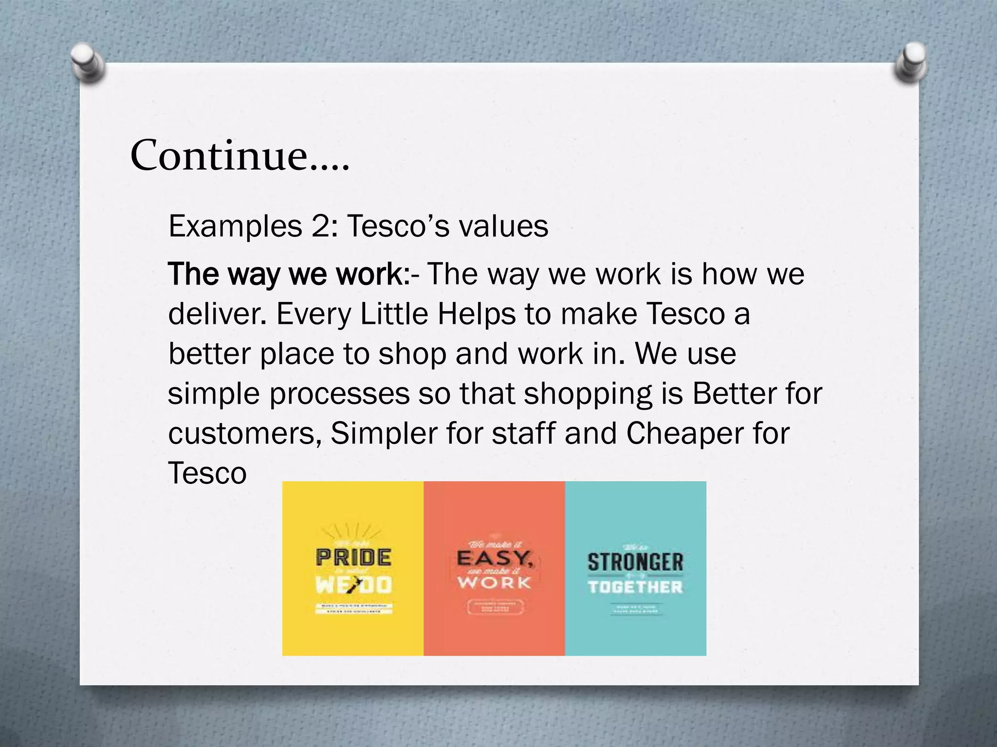 Continue….
Examples 2: Tesco’s values
The way we work:- The way we work is how we
deliver. Every Little Helps to make Tesco a
better place to shop and work in. We use
simple processes so that shopping is Better for
customers, Simpler for staff and Cheaper for
Tesco
 