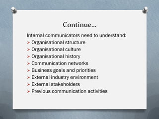 Continue…
Internal communicators need to understand:
 Organisational structure
 Organisational culture
 Organisational history
 Communication networks
 Business goals and priorities
 External industry environment
 External stakeholders
 Previous communication activities
 
