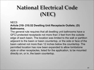 NEC5
Article 210- 210.52 Dwelling Unit Receptacle Outlets; (D)
Bathrooms.
The general rule requires that all dwelling unit...