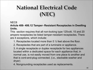 NEC8
Article 406- 406.12 Tamper- Resistant Receptacles in Dwelling
Units.
This section requires that all non-locking type ...