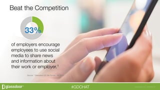 Glassdoor, Inc. 2008-2016#GDCHAT
Beat the Competition
Source: 1 Glassdoor US Site Survey, Jan 2016
of employers encourage
employees to use social
media to share news
and information about
their work or employer.1
33%
 