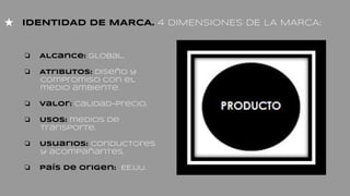 ★ IDENTIDAD DE MARCA. 4 DIMENSIONES DE LA MARCA:
❏ Alcance: global.
❏ Atributos: diseño y
compromiso con el
medio ambiente.
❏ Valor: calidad-precio.
❏ Usos: medios de
transporte.
❏ Usuarios: conductores
y acompañantes.
❏ País de origen: EE.UU.
 