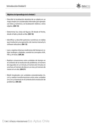 14 4º Básico, Primer Semestre
•	 Describir la localización absoluta de un objeto en un
mapa simple con coordenadas informales (por ejemplo:
con letra y números) y la localización relativa a otros
objetos. (OA 15)
•	 Determinar las vistas de figuras 3D desde el frente,
desde el lado y desde arriba. (OA 16)
•	 Identificar y describir patrones numéricos en tablas
que involucren una operación, de manera manual y/o
software educativo. (OA 13)
•	 Leer y registrar diversas mediciones del tiempo en re-
lojes análogos y digitales, usando los conceptos A.M.,
P.M. y 24 horas. (OA 20)
•	 Realizar conversiones entre unidades de tiempo en
el contexto de la resolución de problemas: el número
de segundos en un minuto, el número de minutos en
una hora, el número de días en un mes y el número de
meses en un año. (OA 21)
•	 Medir longitudes con unidades estandarizadas (m,
cm) y realizar transformaciones entre estas unidades
(m a cm y viceversa) en el contexto de la resolución de
problemas. (OA 22)
Objetivos de Aprendizaje de la Unidad 2
Introducción Unidad 2
BOOK PL 4º primer sem.indb 14 15-01-16 11:07
Derechos reservados Aptus Chile
 