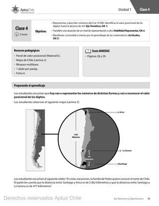35Eje Números y Operaciones
Unidad 1 Clase 4
Los estudiantes escuchan que hoy van a representar los números de distintas formas y van a reconocer el valor
posicional de los dígitos.
Los estudiantes observan el siguiente mapa (Lámina 2):
Los estudiantes escuchan el siguiente relato:“En estas vacaciones, la familia de Pedro quiere conocer el norte de Chile.
El padre les cuenta que la distancia entre Santiago y Arica es de 2 062 kilómetros y que la distancia entre Santiago y
La Serena es de 477 kilómetros”.
Preparando el aprendizaje
Recursos pedagógicos
•	 Panel de valor posicional (Material E).
•	 Mapa de Chile (Lámina 2)
•	 Bloques multibase.
•	 1 dado por pareja.
•	 Ficha 4.
Texto MINEDUC
•	 Páginas 28 y 29.
Clase 4
2 horas‹
Objetivos
•	Representar y describir números del 0 al 10 000. Identificar el valor posicional de los
dígitos hasta la decena de mil (Eje Temático, OA 1)
•	Transferir una situación de un nivel de representación a otro (HabilidadRepresentar,OAn)
•	Manifestar curiosidad e interés por el aprendizaje de las matemáticas (Actitudes,
OA C)
Arica
Santiago
La Serena
2 062
Kilómetros
477
Kilómetros
BOOK PL 4º primer sem.indb 35 15-01-16 11:08
Derechos reservados Aptus Chile
 