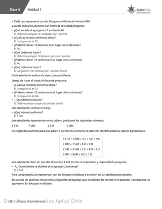 38 4º Básico, Primer Semestre
Unidad 1
•	 Cada uno represente con los bloques multibase el número 999.
Cuando todos los alumnos han hecho la actividad pregunta:
•	 ¿Qué sucede si agregamos 1 unidad más?
R: Debemos canjear 10 unidades por 1decena
•	 ¿Cuántas decenas tenemos ahora?
R: La respuesta es 10.
•	 ¿Podemos tener 10 decenas en el lugar de las decenas?
R: No.
•	 ¿Qué debemos hacer?
R: Debemos canjear 10 decenas por una centena.
•	 ¿Podemos tener 10 centenas en el lugar de las centenas?
R: No
•	 ¿Qué debemos hacer?
R: Canjear las 10 centenas por 1 unidad de mil
Cada estudiante realiza el canje correspondiente
Luego de hacer el canje, el docente pregunta:
•	 ¿Cuántas centenas tenemos ahora?
R: La respuesta es 10
•	 ¿Podemos tener 10 centenas en el lugar de las centenas?
R: La respuesta es: No
•	 - ¿Qué debemos hacer?
R: Debemos hacer canje a la unidad de mil.
Los estudiantes realizan el canje.
•	 ¿Qué número se formó?
R: 1 000.
Los estudiantes representan en su tablero posicional los siguientes números:
3 549		 7 089		 2 541		 9 901.
Se eligen dos alumnos para que pasen a escribir los números al pizarrón, identificando los valores posicionales:
3 5 49 = 3 UM + 5 C + 4 D + 9 U
7 089 = 7 UM + 8 D + 9 U
2 541 = 2 UM + 5 C + 4 D + 1 U
9 901 = 9UM + 9 C + 1 U
Los estudiantes leen en voz alta el número 3 549 escrito en el pizarrón y responden la pregunta:
•	 R: ¿Qué número se obtiene si se agregan 2 centenas?
R: 3 749.
Para comprobarlo, lo representan con los bloques multibase y escriben en sus tableros posicionales.
En parejas los alumnos resuelven las siguientes preguntas que el profesor ha escrito en el pizarrón. Para hacerlo, se
apoyan en los bloques multibase.
Clase 4
BOOK PL 4º primer sem.indb 38 15-01-16 11:08
Derechos reservados Aptus Chile
 