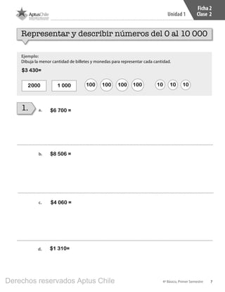 7
Unidad 1
4º Básico, Primer Semestre
Ficha 2
Clase 2
Representar y describir números del 0 al 10 000
a.
b.	
c.
$6 700 =
$8 506 =
$4 060 =
Ejemplo:
Dibuja la menor cantidad de billetes y monedas para representar cada cantidad.
$3 430=
2000 1 000 100 100 100 100 10 10 10
1.
d. $1 310=
BOOK CT 4º primer sem..indb 7 15-01-16 11:48
Derechos reservados Aptus Chile
 
