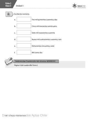 10 4º Básico, Primer Semestre
Unidad 1
Ficha 3
Clase 3
Escribe los números.2.
a.	 Tres mil quinientos cuarenta y dos
b.	 Cinco mil trescientos veinticuatro
c.	 Siete mil novecientos cuarenta
d.	 Nueve mil cuatrocientos cuarenta y seis
e.	 Ochocientos cincuenta y siete
f.	 Mil ciento dos
Página 4 del cuadernillo Tomo I.
Referencias Cuadernillo del Alumno MINEDUC
BOOK CT 4º primer sem..indb 10 15-01-16 11:48
Derechos reservados Aptus Chile
 