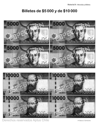 4º Básico I Semestre
Material A - Monedas y billetes
Billetes de $5 000 y de $10 000
BOOK PL 4º primer sem.indb 293 15-01-16 11:09
Derechos reservados Aptus Chile
 