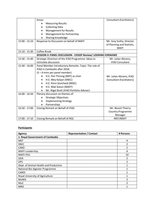 Areas:
 Measuring Results
 Collecting Data
 Management for Results
 Management for Partnership
 Sharing Knowledge
Consultant (Facilitators)
15:00 - 15:10 Response to Discussion on behalf of MAFF Mr. Srey Vuthy, Director
of Planning and Statistic,
MAFF
15:10 - 15:30 Coffee Break
SESSION 3: PANEL DISCUSSION - COSOP Review/ LOOKING FORWARD
15:30 - 15:40 Strategic Direction of the IFAD Programme: Ideas to
stimulate discussion
Mr. Julian Abrams,
IFAD Consultant
15:40 - 16:00 Panel Member Introductory Remarks. Topic: The role of
IFAD in Cambodia after 2018.
(3 – 4 mins per panel member)
 H.E. Pen Thirong (MEF) as chair
 H.E. Mey Kalyan (SNEC)
 H.E. Penn Sovicheat (MOC)
 H.E. Mak Soeun (MAFF)
 Mr. Nigel Brett (IFAD Portfolio Adviser)
Mr. Julian Abrams, IFAD
Consultant (Facilitators)
16:00 - 16:50 Plenary discussion on themes of:
 Strategic Objectives
 Implementing Strategy
 Partnerships
16:50 - 17:00 Closing Remark on Behalf of IFAD Mr. Benoit Thierry
Country Programme
Manager
17:00 - 17:10 Closing Remark on Behalf of RGC MEF/MAFF
Participants
Agency Representative / Contact # Persons
1. Royal Government of Cambodia
MEF 4
SNEC 2
CARD 2
MAFF-Leadership 4
MAFF-PSU 10
GDA 2
DPS 2
Dept. of Animal Health and Production 1
National Bio digester Programme 1
CARDI 1
Royal University of Agriculture 1
MoWA 2
MoC 2
MRD 1
 